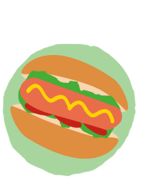 A graphic of a hotdog on a green circle background