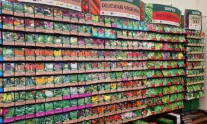 Image shows wall-mounted seed packets for sale in the Arium shop