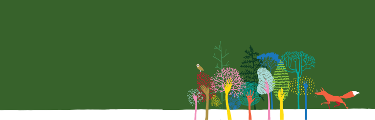 Green backdrop with various colour line drawings of trees and hands